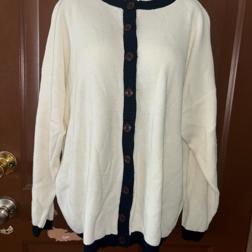 Classic White and Blue Button-Up Sweater